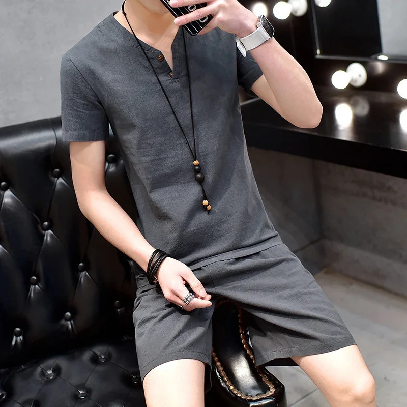 Summer Linen Mens Solid V-neck Chinese Fashion Casual Comfortable Versatile Set 240530
