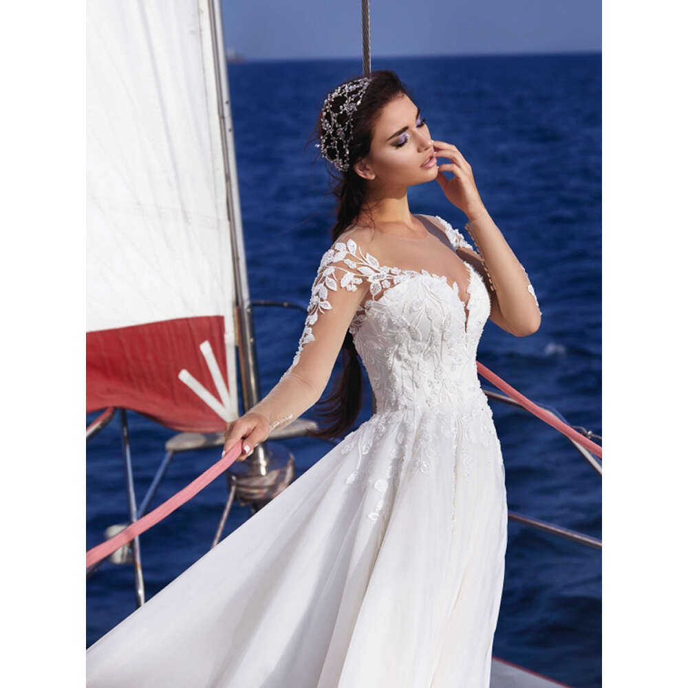 Robe De Mariage Charming Illusion Long Sleeves Dress O Neck Appliqued Bridal Gown Tulle Beach Wedding Dresses