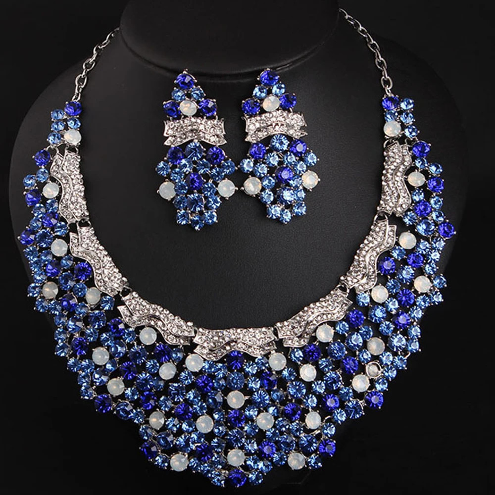 Retro Blue Rhinestone Crystal Necklace Earring Set for Women Pendant Jewelry Accessories Set Womens Dress Wedding Banquet Gift 240531