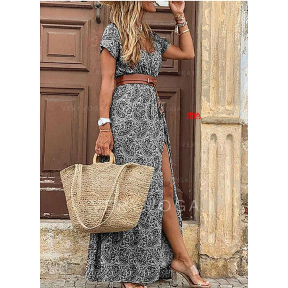 Women's Designer Summer Dress Fashion Bohemian V-Neck Ral Elegant Beach Maxi Dresses For Woman Robes Vestidos Ladies Vacation Holidy Skirt G05