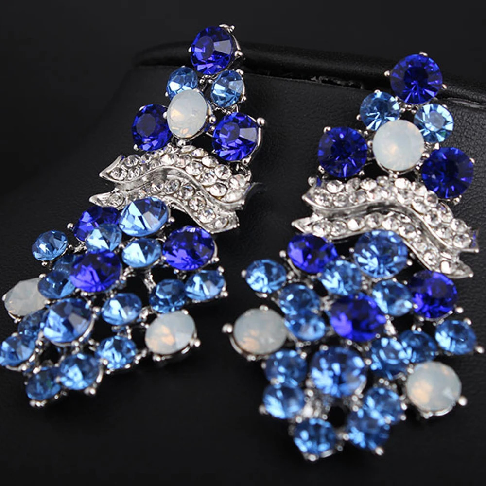 Retro Blue Rhinestone Crystal Necklace Earring Set for Women Pendant Jewelry Accessories Set Womens Dress Wedding Banquet Gift 240531