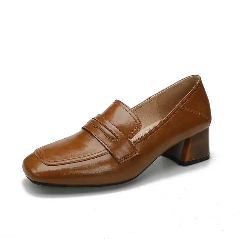 oxford Genuine women shallow Leather flats shiny leather office shoes british square toe chunky heels loafers woman