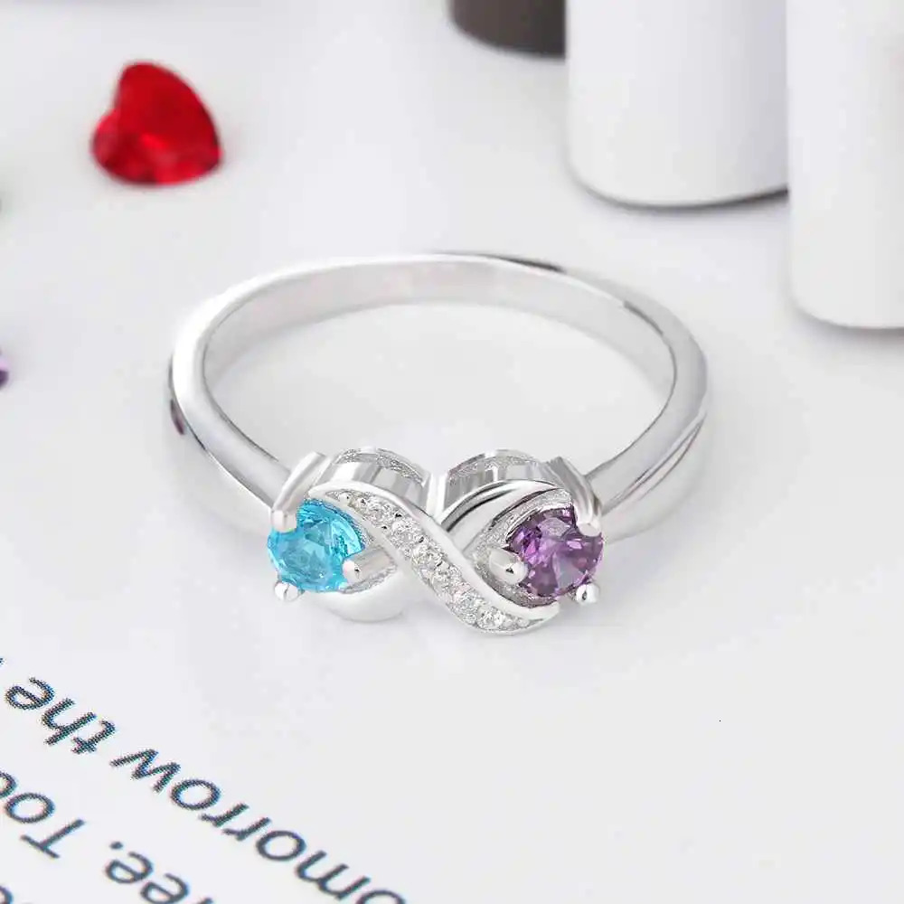 925 Sterling Silver Infinity Mothers Ring with 2 Round Birthstone Custom Engraved Couple Name Engagement Promise Rings for Women 240530
