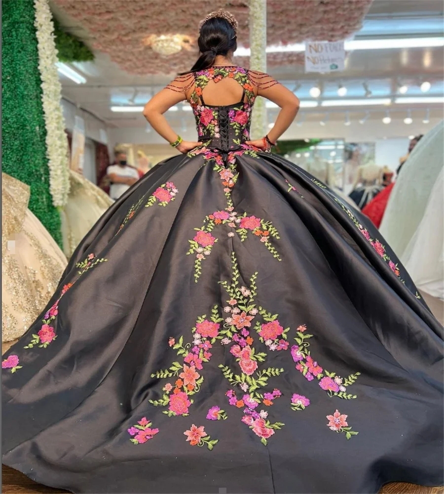Vintage Black Quinceanera Dress With Colorful Wers - V-Neck Charro Mexico Style For Birthday Party 2024