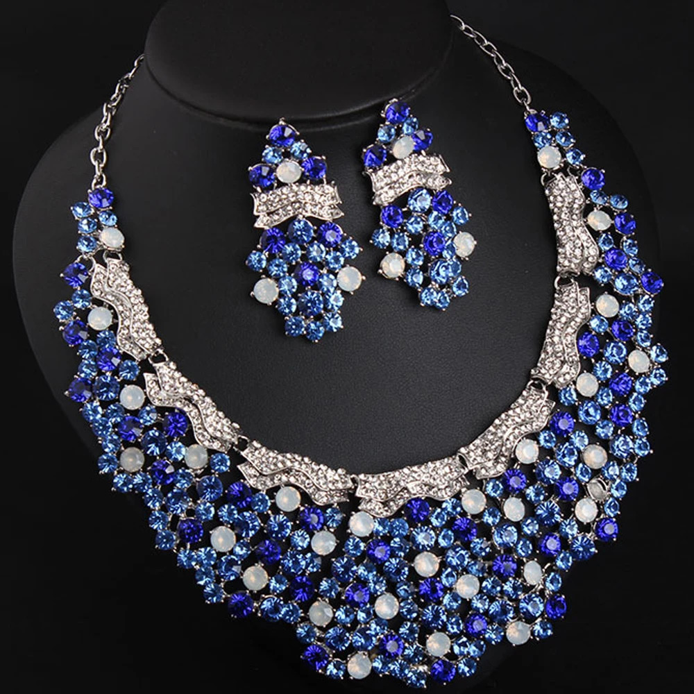 Retro Blue Rhinestone Crystal Necklace Earring Set for Women Pendant Jewelry Accessories Set Womens Dress Wedding Banquet Gift 240531