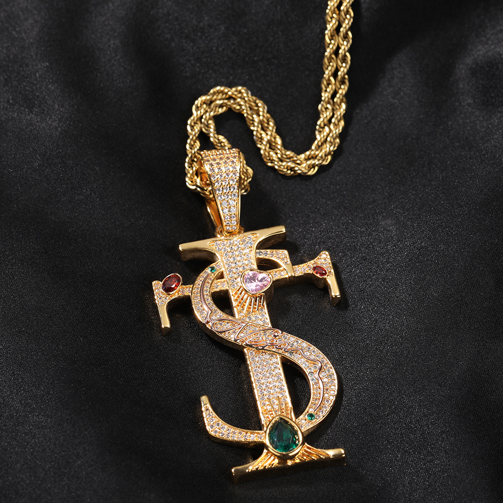 Hip Hop TS Cross Pendant Necklace Colorful 5A Zircon Real Gold Plated Jewelry