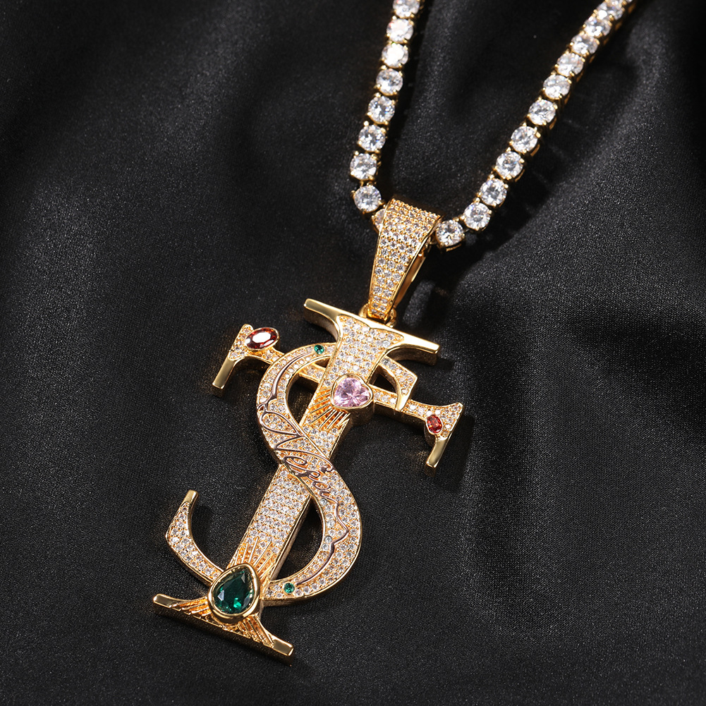 Hip Hop TS Cross Pendant Necklace Colorful 5A Zircon Real Gold Plated Jewelry