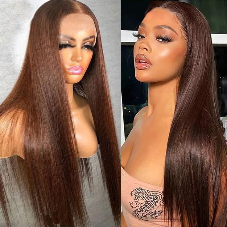 150% Density 13X4 Front Lace Brown Long Smooth Straight Elasticity Gum Free Women Wig Brazilian Virgin Human Hair 16 To 30 Inches