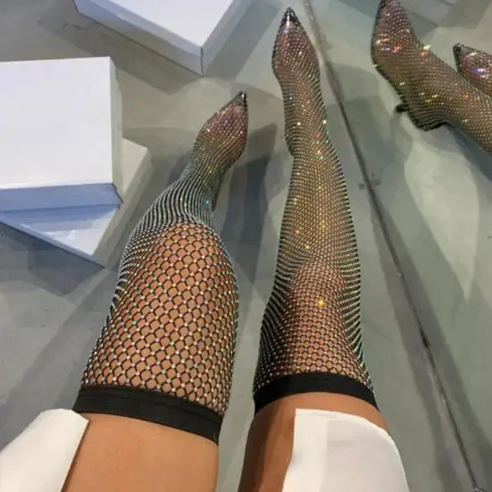 2024 Full Rhinestone Mesh Summer Boots Women Thigh High Over The Knee Sandals Banquet all match womens pointed toe boots 240620