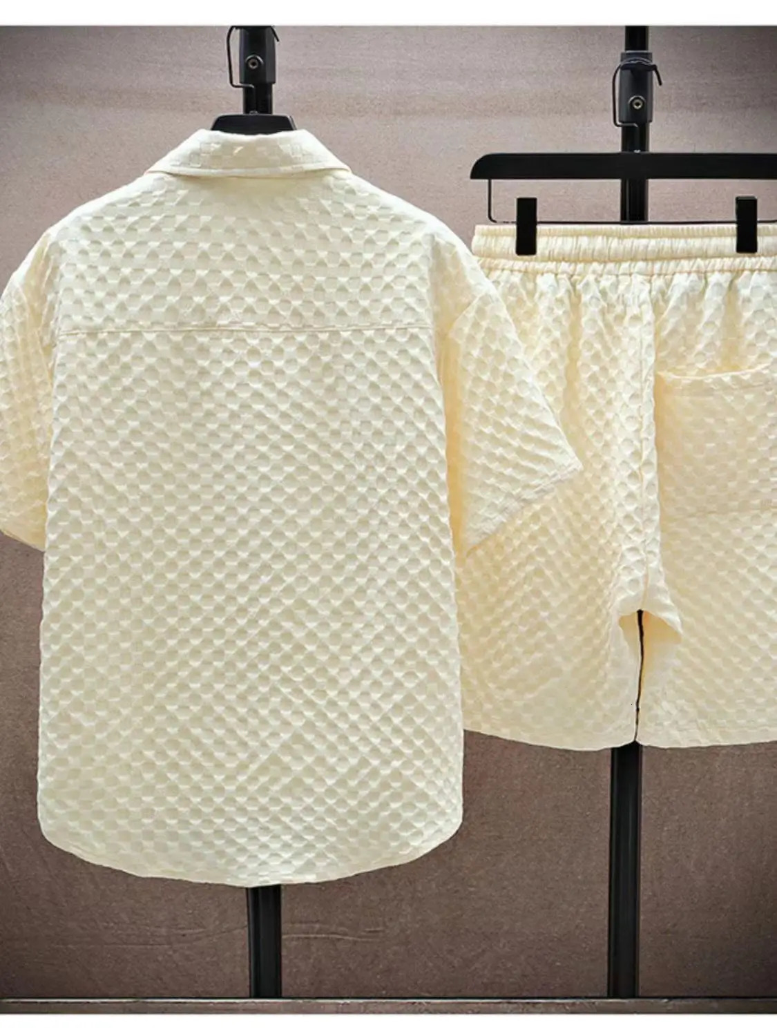 Summer Men Sets Casual Oversize Plaid Lapel Short Shirts Shorts TwoPiece Solid Sleeve Loose Fashion Streetwear 240601