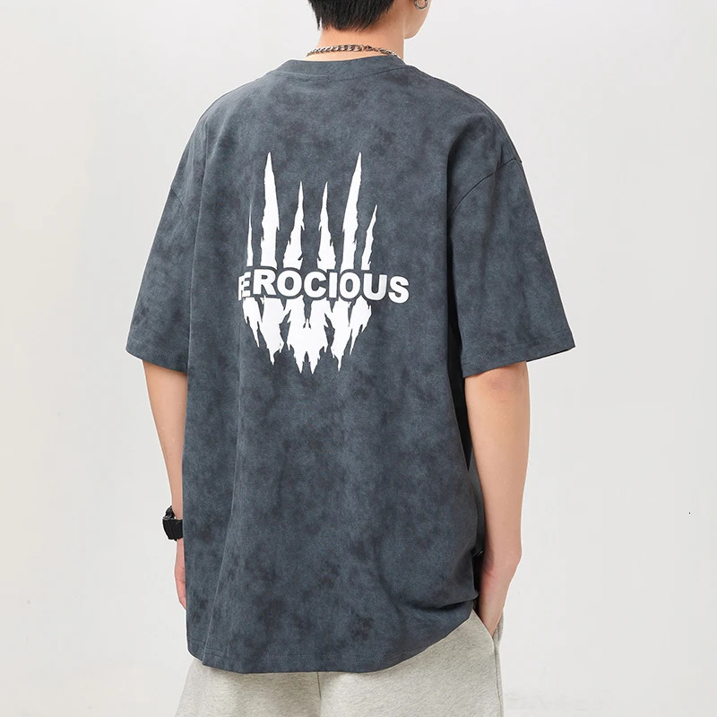 Loose plus Size T-shirt Mens Summer Heavy Washed American Street Trend Hip Hop Style Printed Boys Top Clothes 240527