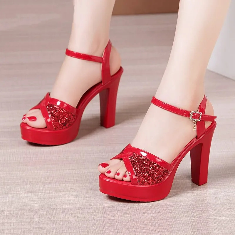 Small size 32-43 white red light wedding shoes womens block high heels sandals 2024 summer platform sandals office model 240605
