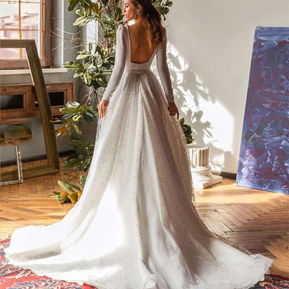 Ivory Boho Dresses Tulle Long Sleeve Square Neck Backless A-Line Wedding Dress Formal Ocn Vestido De Novia 0605