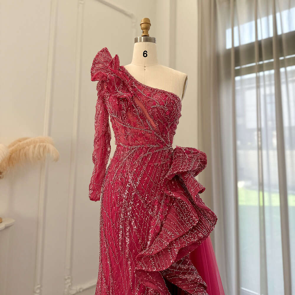 Sharon Said Fuchsia One Shoulder Dubai Evening Dresses Arabic Side Slit Mermaid Prom Formal Dress for special SS360