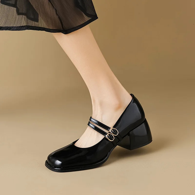 Large Size 34-43 Mary Jane Shoes Women Block Heel Patent Leather Black Shoes 240605