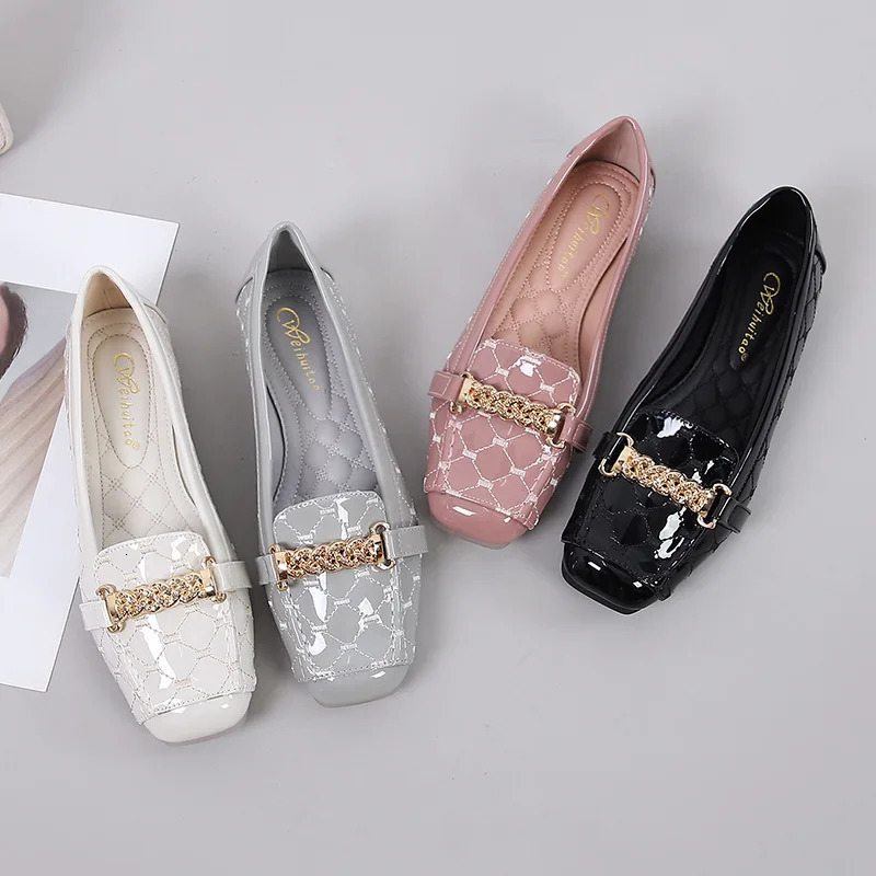 Woman Relax Square Toe Rhinestone Soft Bottom Cute Shoes Metal Casual Pink Black Flats Female Decoration Soft Skin Loafers 240605