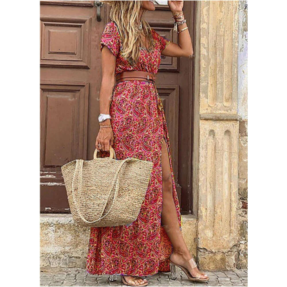 Women's Designer Summer Dress Fashion Bohemian V-Neck Ral Elegant Beach Maxi Dresses For Woman Robes Vestidos Ladies Vacation Holidy Skirt G05