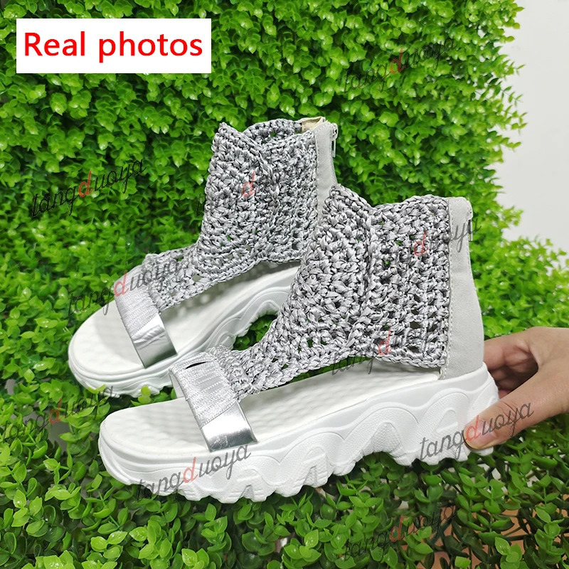 Golden Knitted Womens Wool Sandals 2024 Knitted Elastic Summer Shoe Mesh Flat Bottom Hollow Womens Sandals 240605