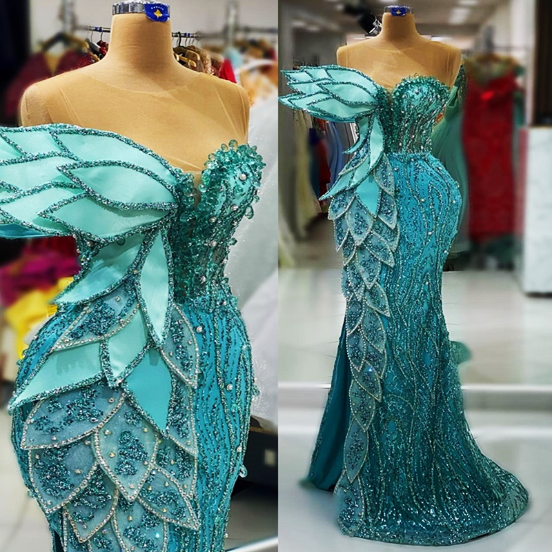2024 Mint Evening Dress Prom Dress Mermaid Promdress Sheer Neck Beaded Lace Crystals Rhinestone Leaf Decorated Sexy Side Split Birthday Dress Abenklei