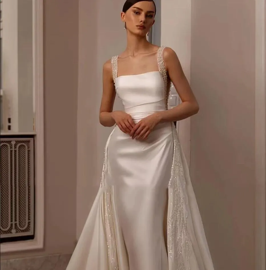 Elegant Satin Mermaid Wedding Dresses With Detachable Beads Sequins Strap Women Pearls Court Train Backless Gowns For Bride 0605