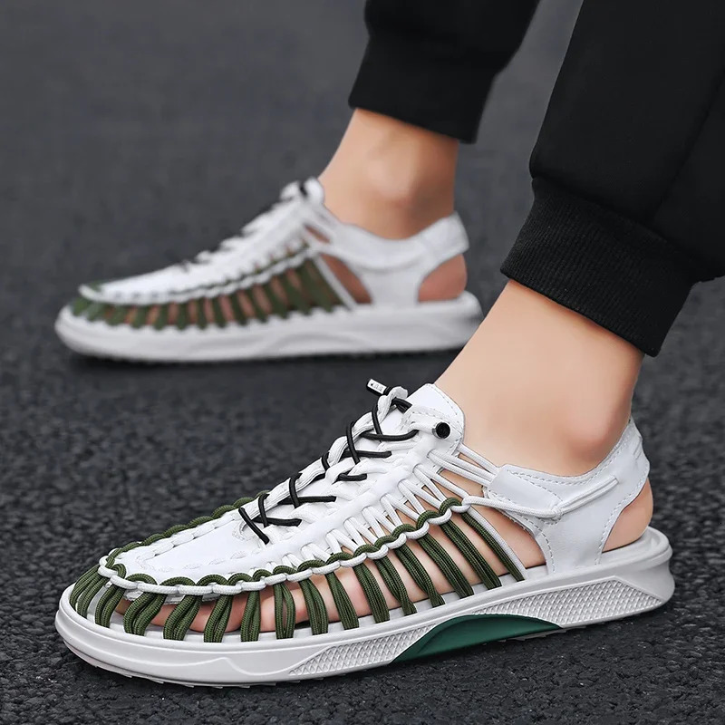 Mens summer sandals handcrafted woven shoelaces breathable beach sandals mens sliding shoes large-sized casual shoes 240605