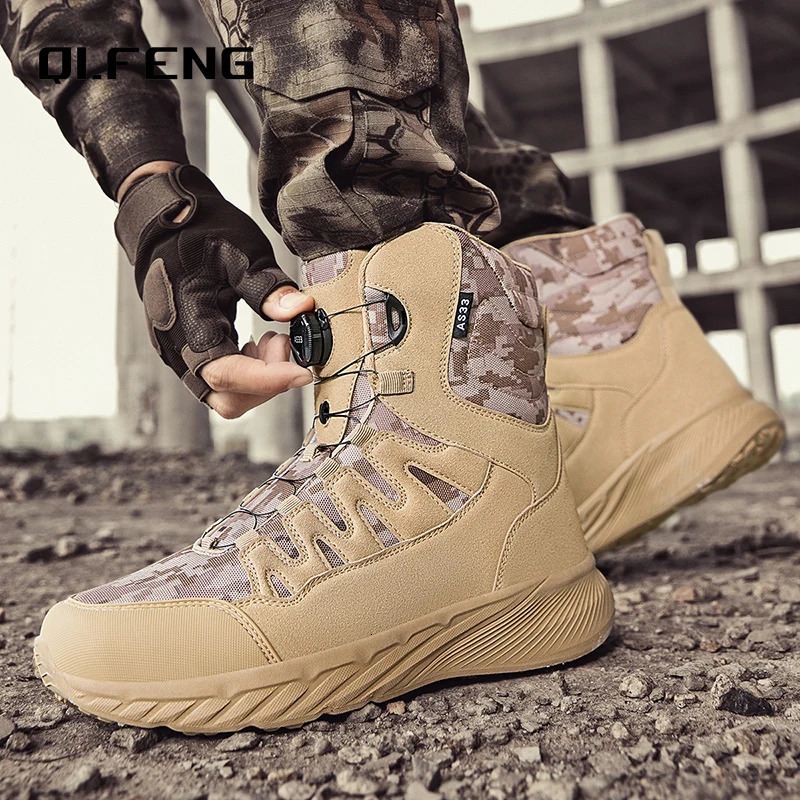 Large outdoor training military boots mens mountain hiking boots high top rotating buckle fashionable camouflage sports shoes 240605