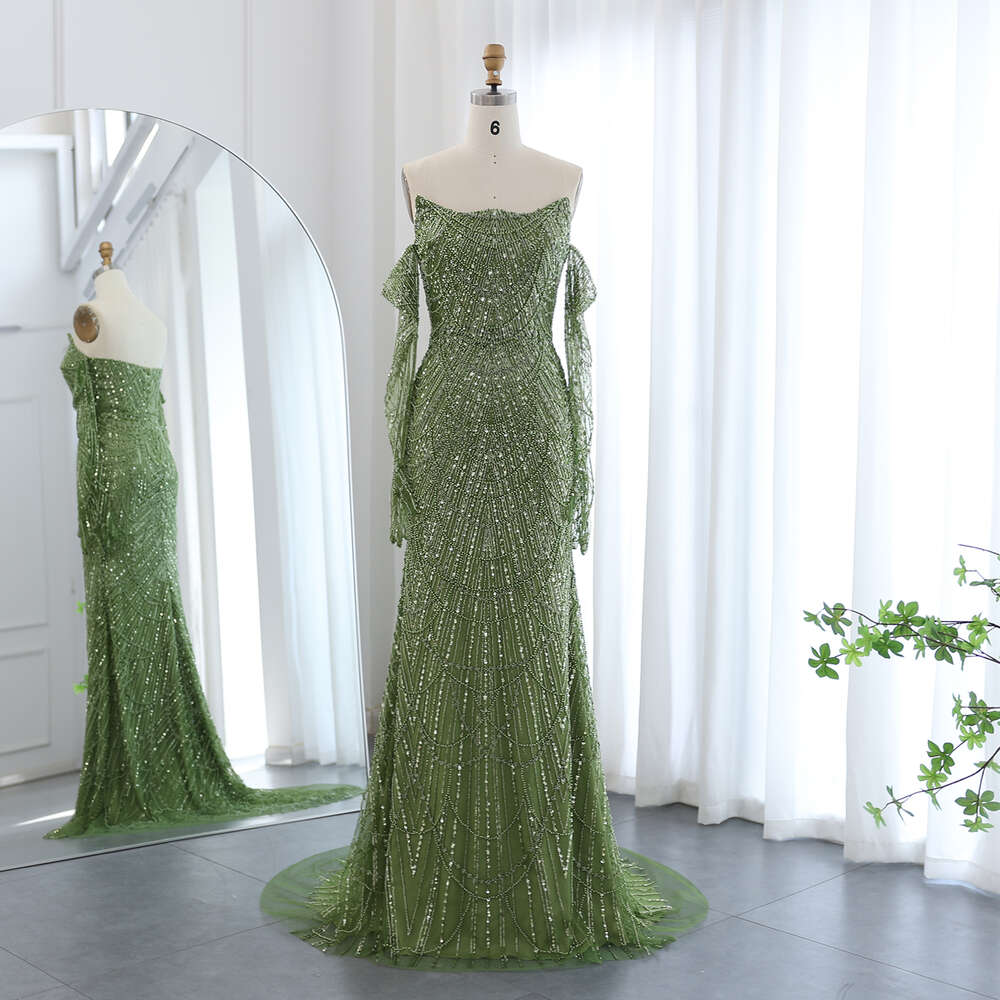Sharon Said Dubai Mermaid Green Evening Dresses with Gloves 2024 Elegant Saudi Arabia Women special Party Gowns SS306