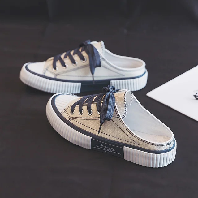 Casual Summer Shoes Sneakers Womens For Women Canvas Flats Backless Lace Up Slip On Half Slippers atos Mujer Laofers 2406