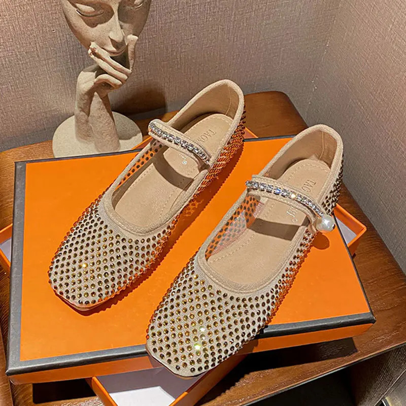 Spring Womens Fashionable Crystal Mesh Square Toe Light Lavender Ballet Flat Comfortable Dia Mary Jane Shoes 240605