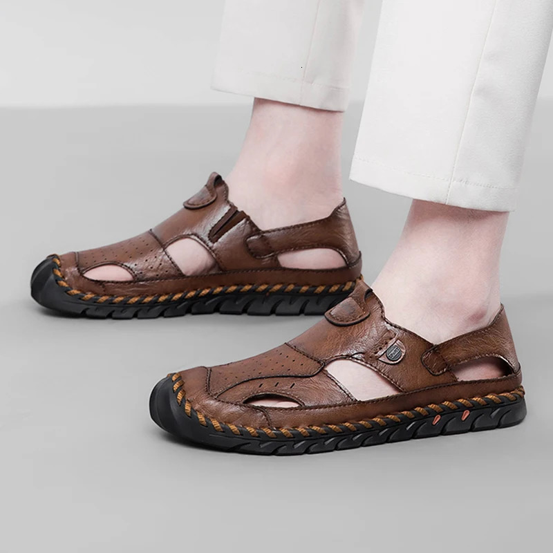 CLOHOO Mens Breathable Leather Shoes Hollow Hole Shoes Soft Sole Soft Surface Casual Sandals 240605