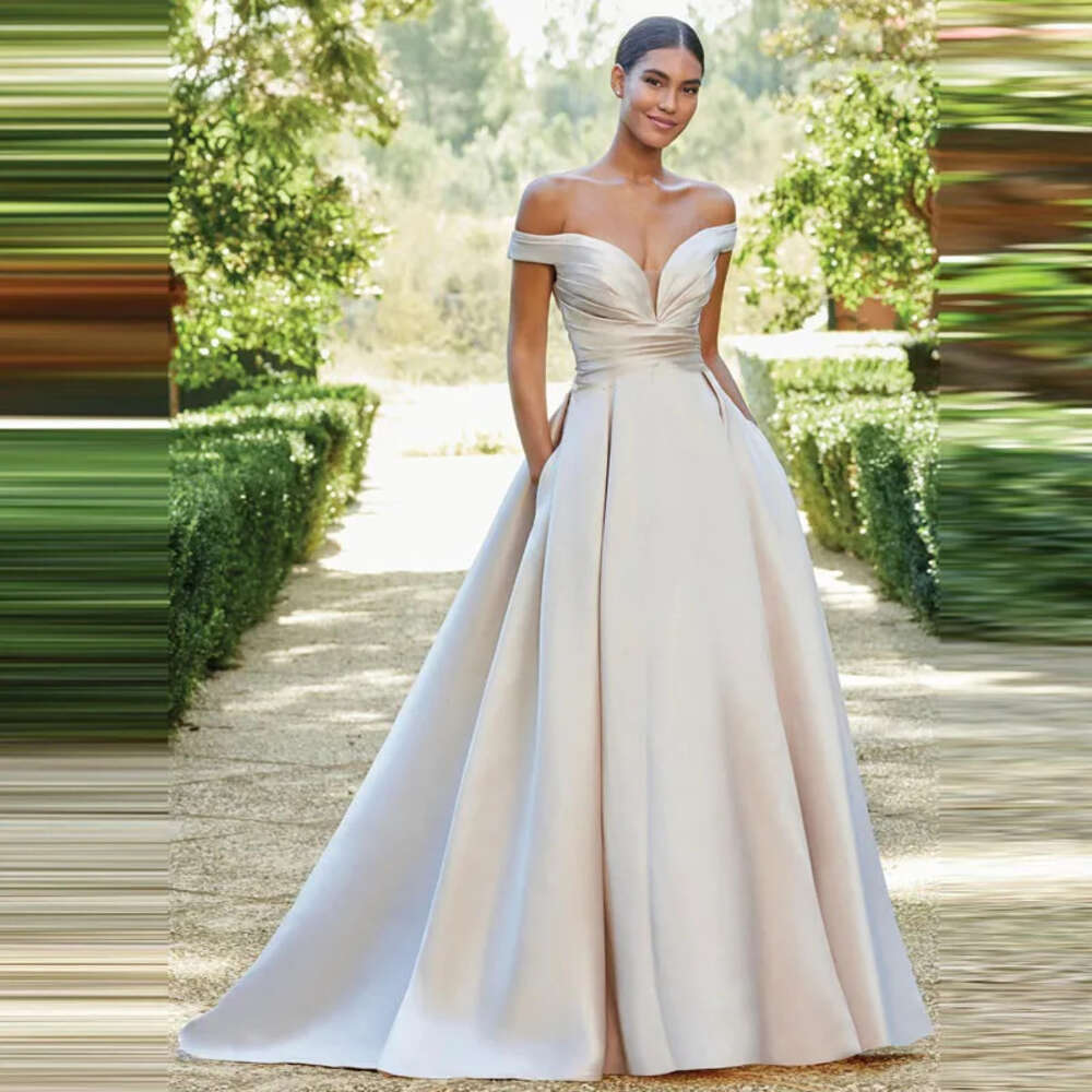 Simple Pleat Satin Sweetheart Wedding Dresses 2025 Women Off The Shoulder Vestido De Novia Bridal Gown With Pockets 0605