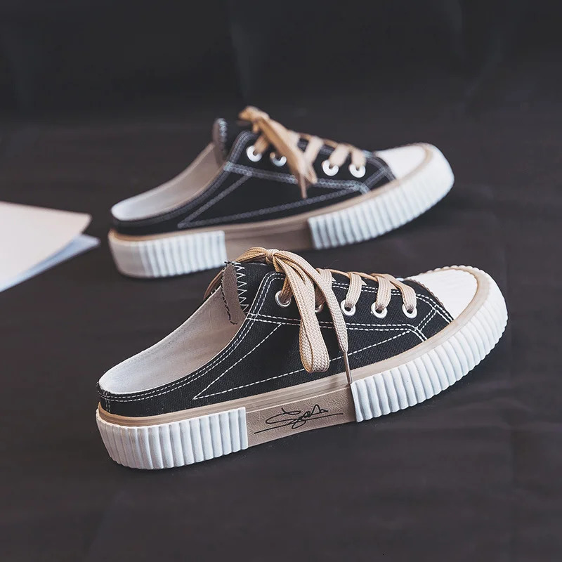 Casual Summer Shoes Sneakers Womens For Women Canvas Flats Backless Lace Up Slip On Half Slippers atos Mujer Laofers 2406