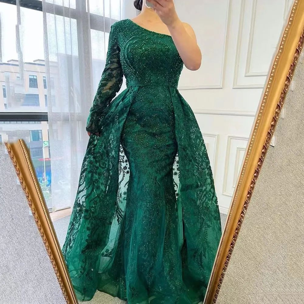 Sequined Mother Of The Bride Dresses Gown Detachable Sweep Plus Size Mother's Dresses Kaftan Off Shoulder Long Dark Green Evening Dress