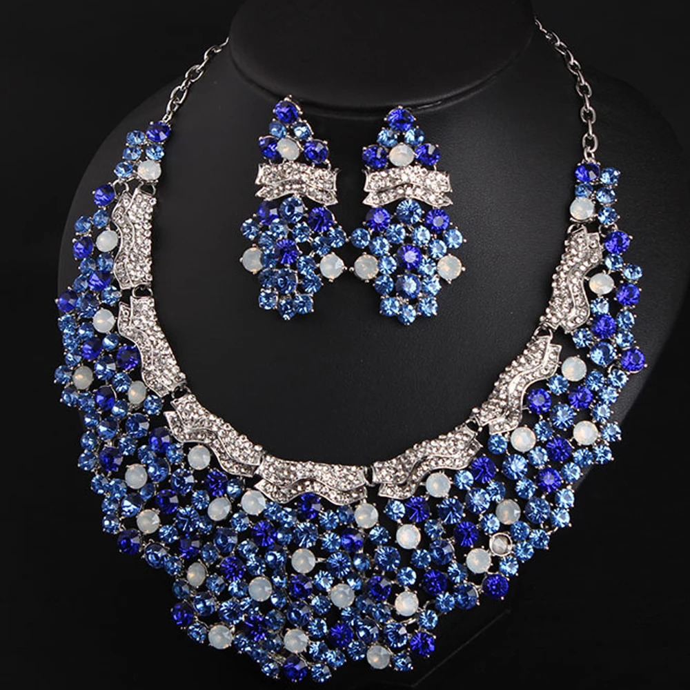 Retro Blue Rhinestone Crystal Necklace Earring Set for Women Pendant Jewelry Accessories Set Womens Dress Wedding Banquet Gift 240531