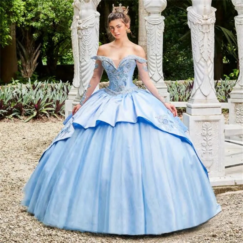 Sky Blue Mexican Quinceanera Dresses Ball Gown Long Sleeves Appliques Pearls Puffy Charro Sweet 16 Dresses 15 Anos