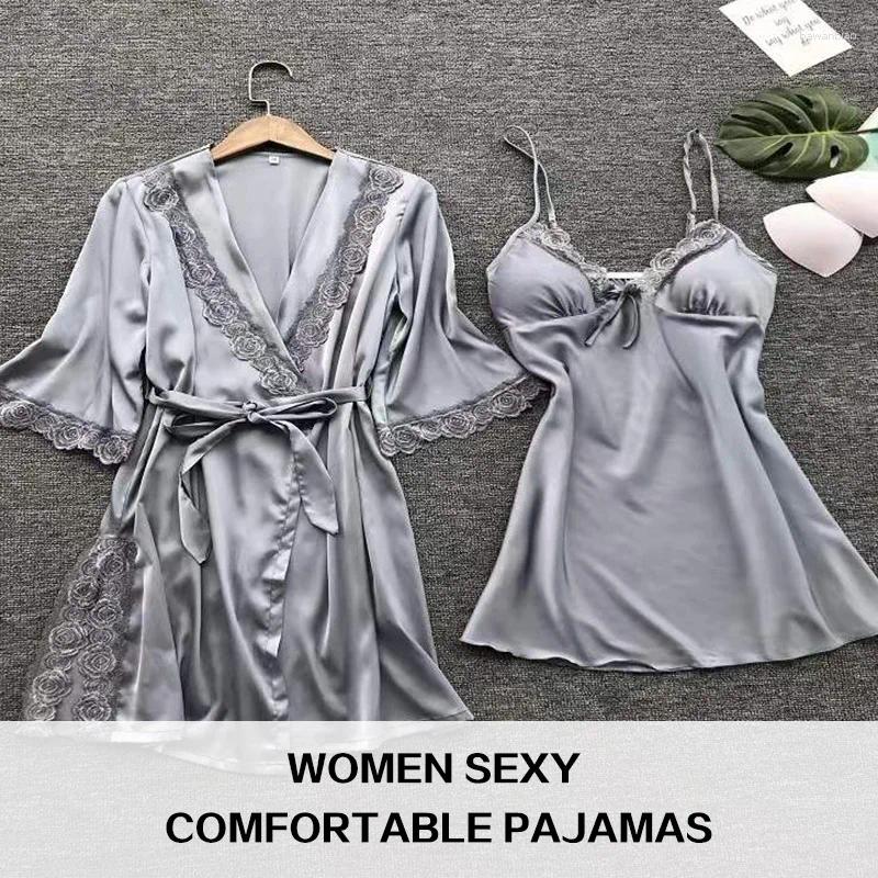Home Clothing 2pcs Woman Sexy Pamas Sleepwear Lace Robe And Pants Lingerie Bathrobe Silk Satin Clothed Nightwear For Ladies