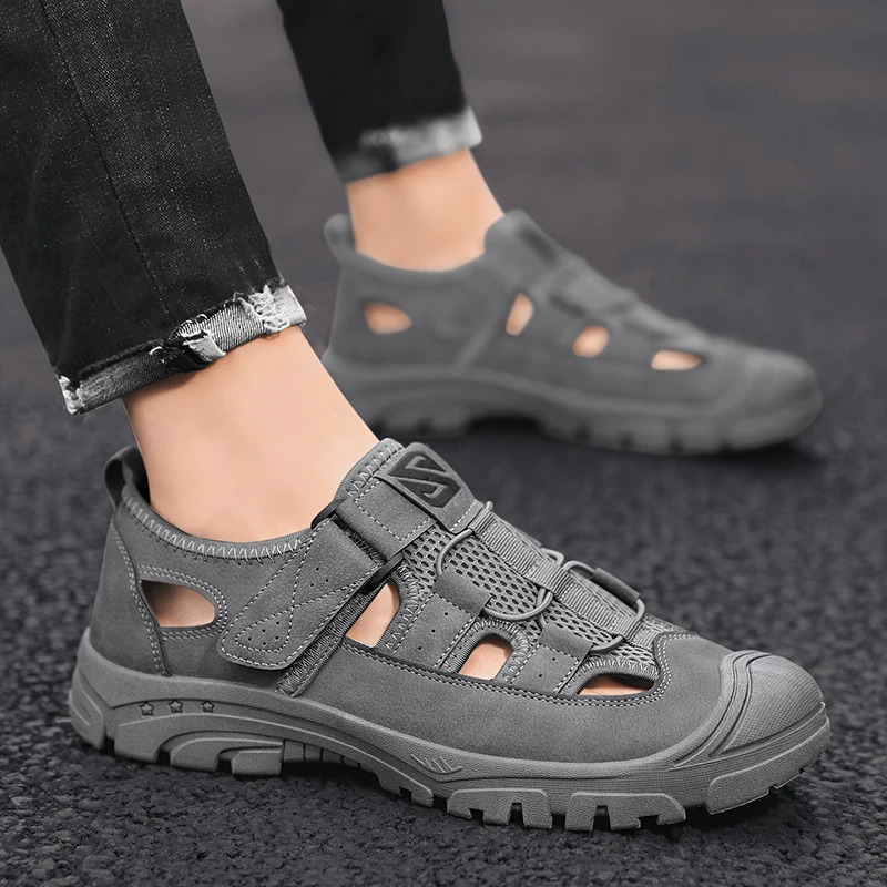 Mens summer sandals casual breathable comfortable mesh shoes retro leather apartments outdoor beach shoes mens shoes 240605