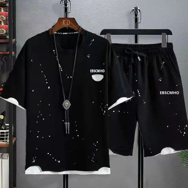 Plus Size 7XL Summer Mens Sets Fashion Patchwork Color Streetwear Tracksuit TShirt Shorts Set Men 2 Piece Joggers Sports Suit 240601