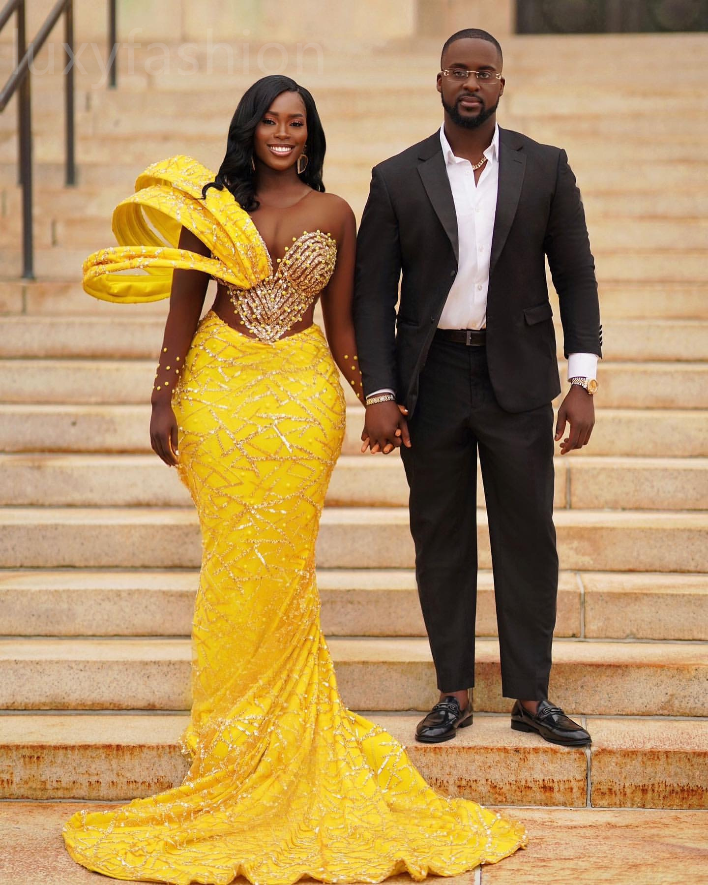 Aso Ebi 2024 Yellow Mermaid Prom Dresses Beaded Sequined Lace Evening Party Formal Second Reception Birthday Enagement Thanksgiving Dress Gowns LF075