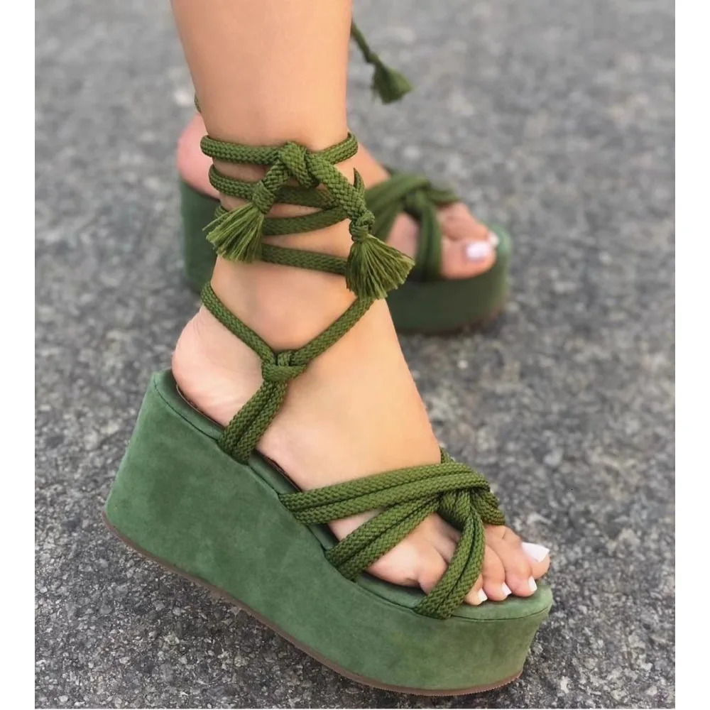 Platform Wedge Strappy Sandals Women Fashion Round Toe Cross Tied Open Toe Women Sandals Platform Sandals Zapatos De Mujer 240605