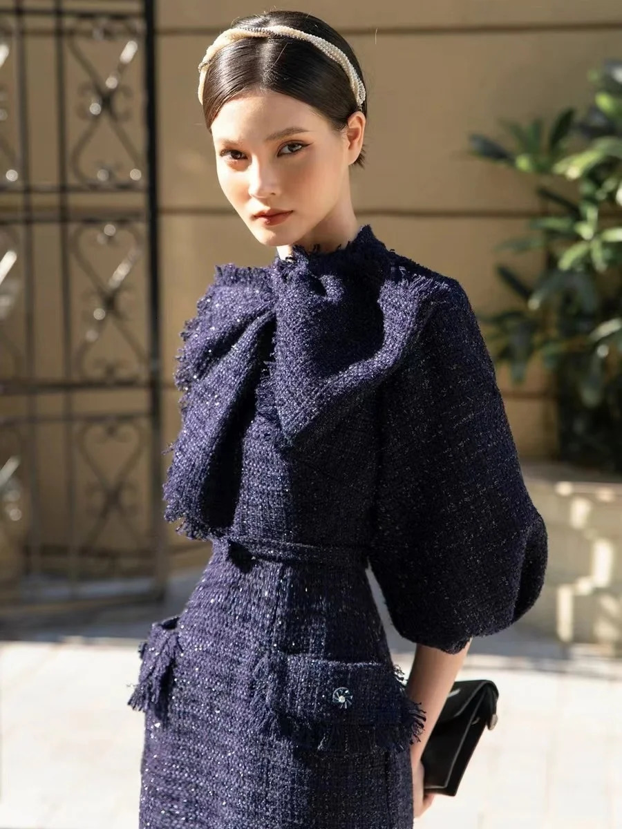 JAMERARY Fashion Autumn Winter Tweed Dress For Women Lantern Sleeve Midi Long Bodycon Dresses Office Lady Korean Style 240529