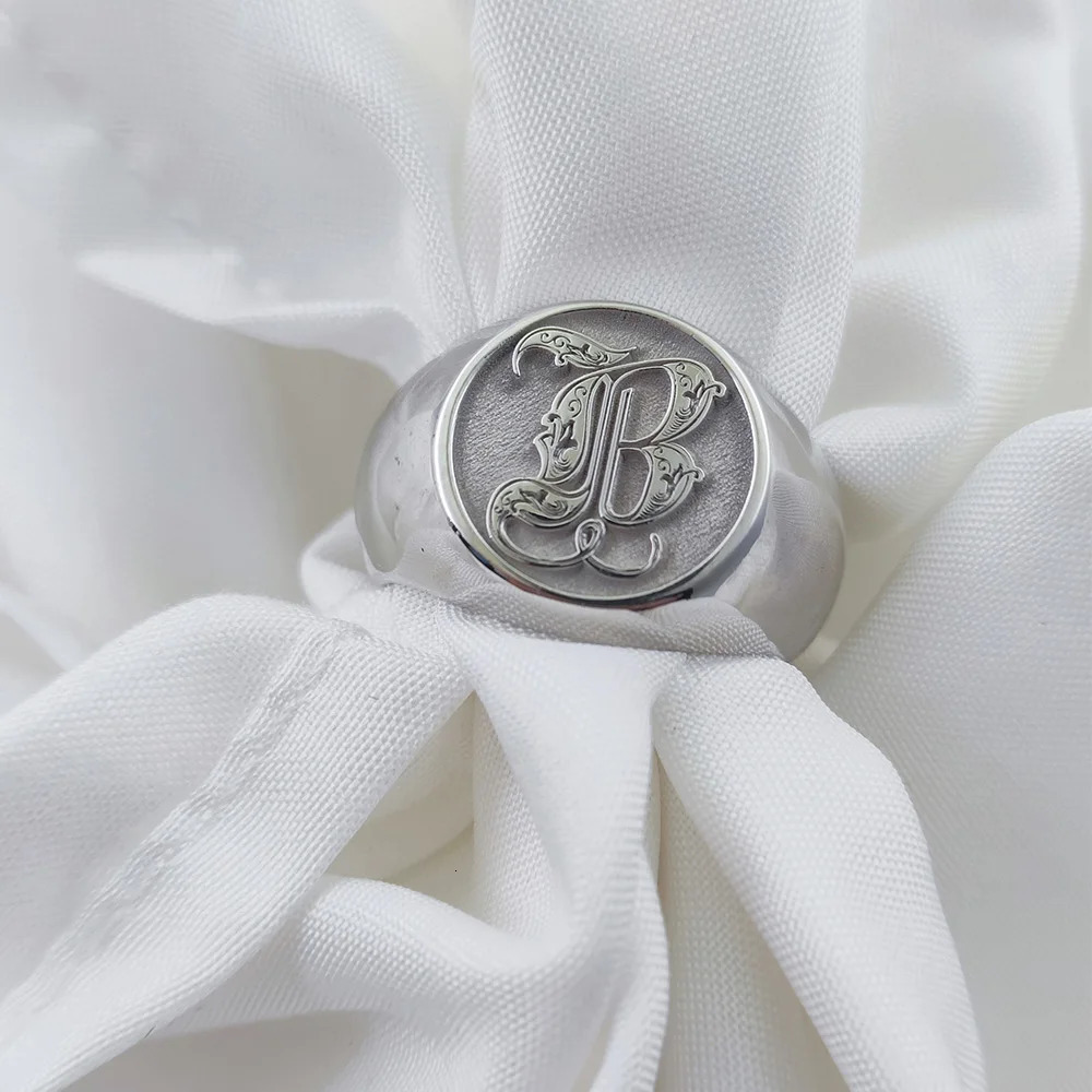 Custom 925 Solid Silver Men Letter Engrave Ring Personalized 15mm Chunky Signet Ring 3D engraved Royal Initial Letter Ring 240530