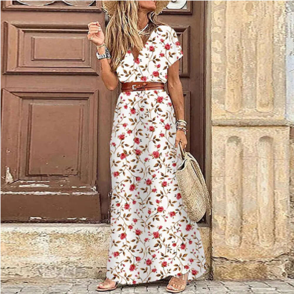 Women's Designer Summer Dress Fashion Bohemian V-Neck Ral Elegant Beach Maxi Dresses For Woman Robes Vestidos Ladies Vacation Holidy Skirt G05