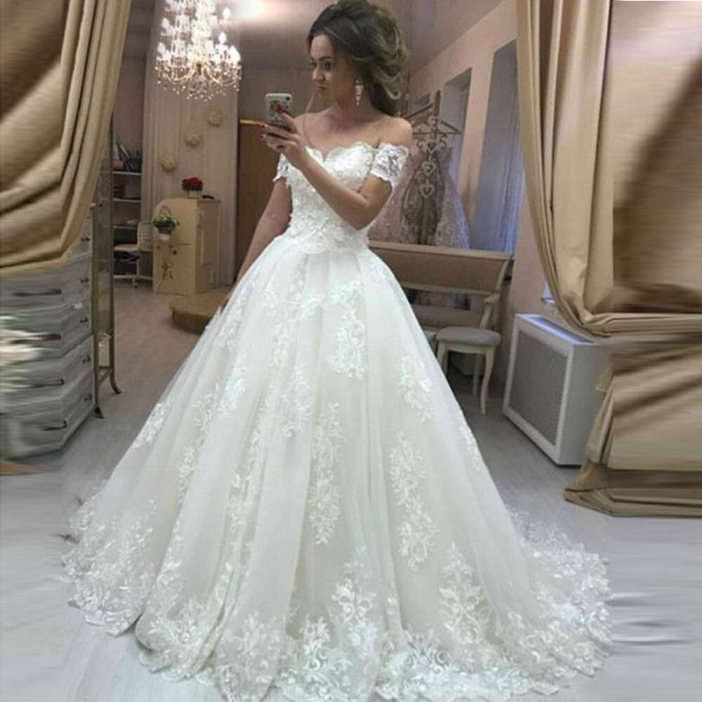 Vintage Off-Shoulder Ball Princess Wedding Dresses Vestido De Noiva Applique Court Train Bridal Gown Plus Size 0605
