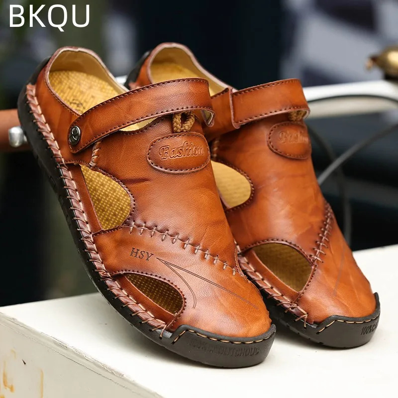 Mens summer leather sandals comfortable massage fashionable casual anti slip breathable trendy waterproof wear-resistant large-sized 240605