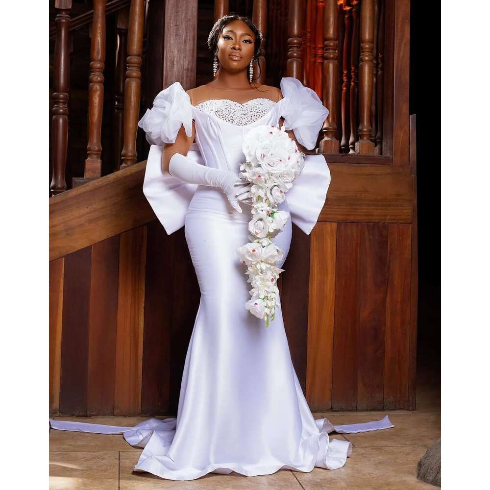 Plus Size African White specialReception Dresses with Big Bow Heavy Pearls Asoebi Bridal Dress Customized Black Women Prom Gown
