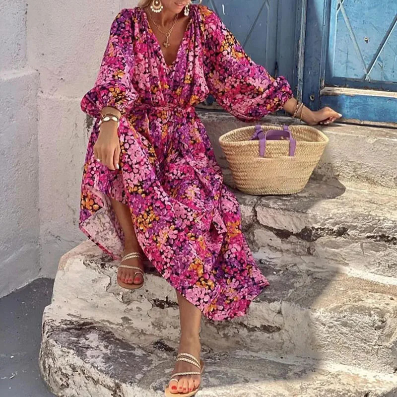 Floral Print High Waisted Women Robe Dress Spring Summer Loose Tie Up Bohemian Dress Fashion V-neck Lantern Sleeve Holiday Dress 240529