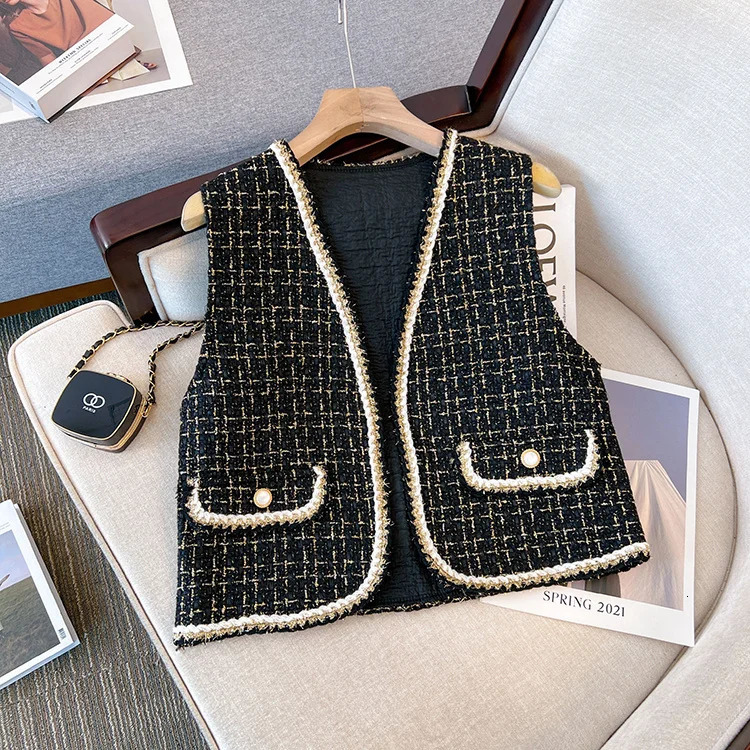 Large Size Womens Clothing Spring Slimming Tweed Vest Pleated Dress Two-Piece Set 240529