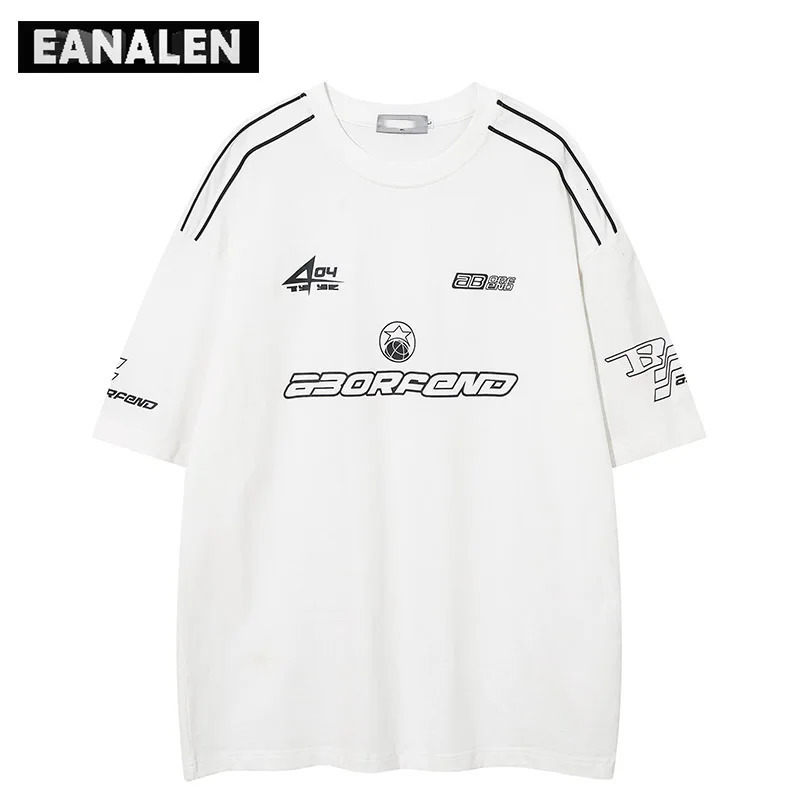 Vintage Geometric Alphabet Graphic T-shirt Mens Oversized Street Wear Boyfriend Style Harajuku Casual Motorcycle Racing T-shirt 240601