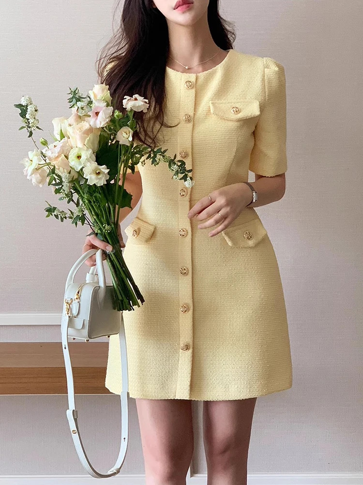 Womens Summer Temperament Coarse Tweed Bubble Sleeved Dress 240529